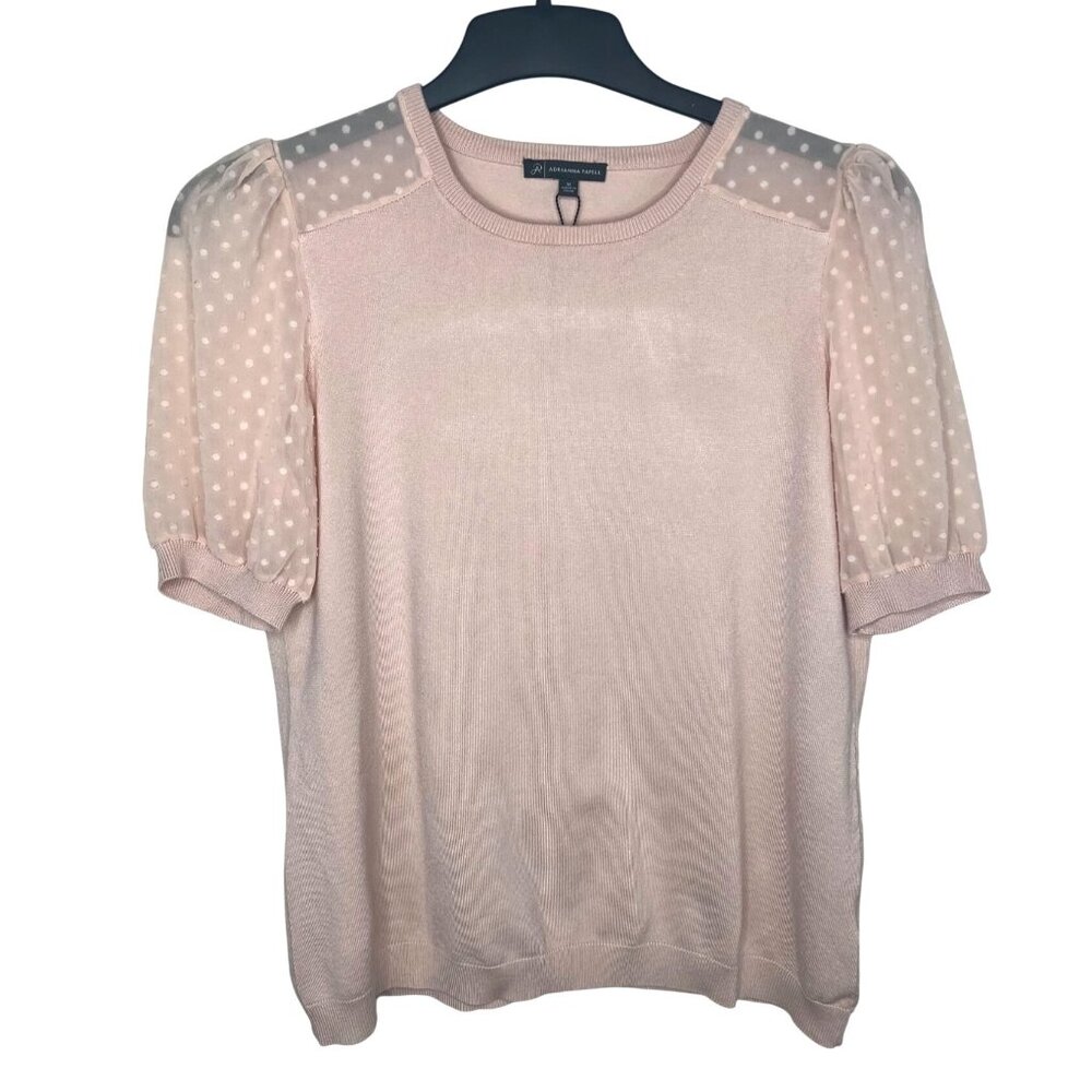 Adrianna Papell Pink Puff Sleeve Sweater Medium With Polka Dot Mesh Details